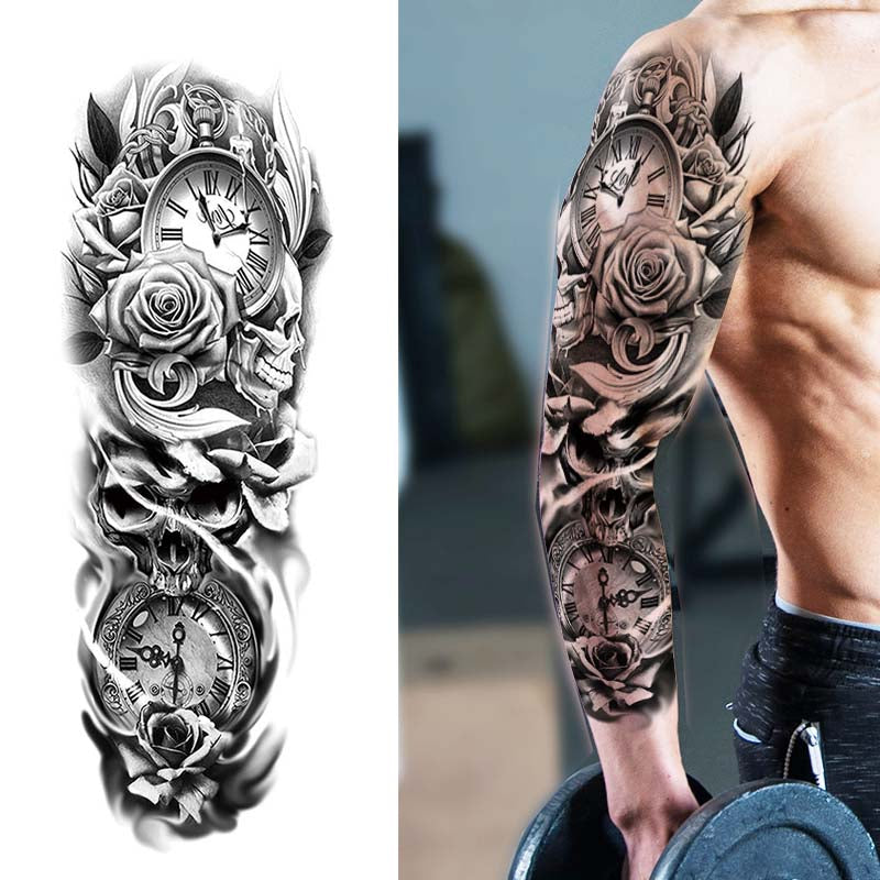 Rose and Clock Temporary Sleeve Tattoos – neartattoos